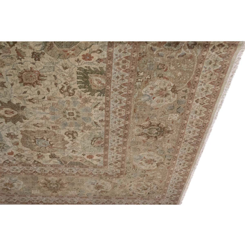 Tapis beige en laine noué à la main de conception unique 12 pi 1 po x 15 pi 7 po