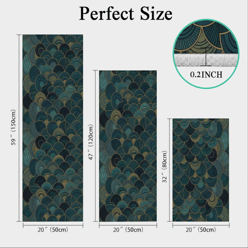 Teal Scale Non-Slip Washable Kitchen Mats