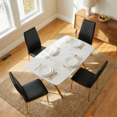 Ensemble de table de salle à manger moderne en marbre 51,2 po pour 4 personnes, table rectangulaire en faux marbre avec chaises rembourrées en similicuir