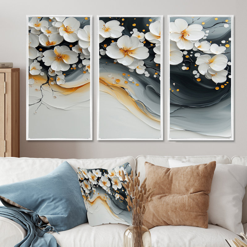 Velours fleur de cerisier noir III - art mural encadré fleur de cerisier - 3 panneaux, H 28 po x l 36 po, Blanc
