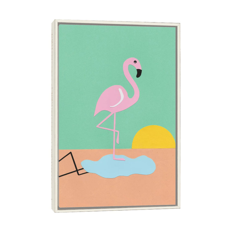 Flamant rose - reproduction d'art mural - toile encadrée, Blanc patiné, Reproduction encadrée sans toile tendue