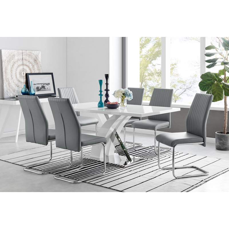 Edzard Chrome & White High Gloss Dining Table Set with 6 Luxury Faux Leather Dining Chairs, Elephant Gray