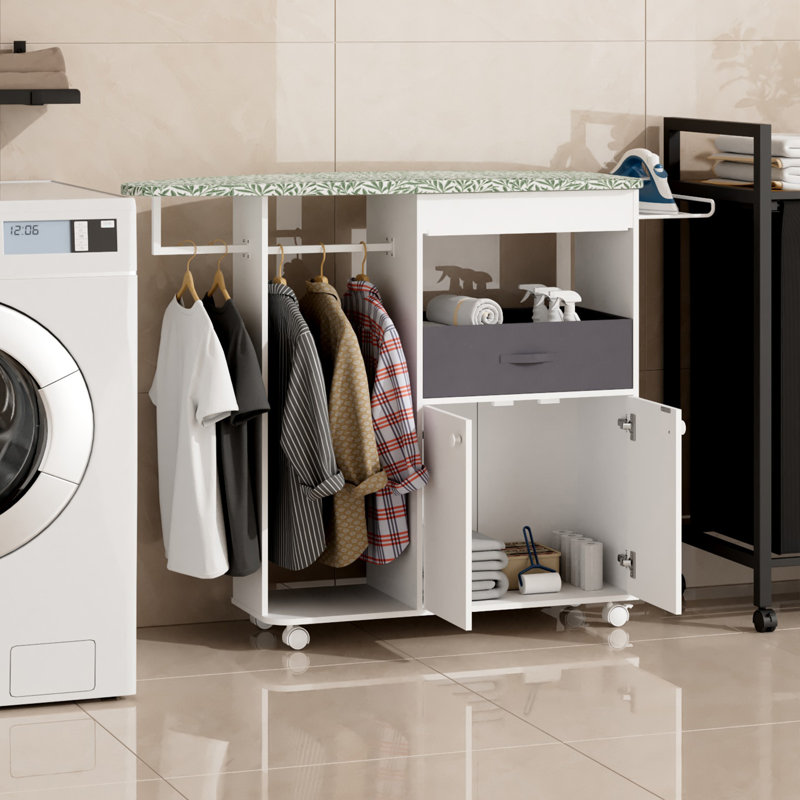 Armoire à planche à repasser autoportante avec rangement, chariot de repassage mobile avec roues verrouillables pour la lessive, la chambre à coucher et le vestiaire
