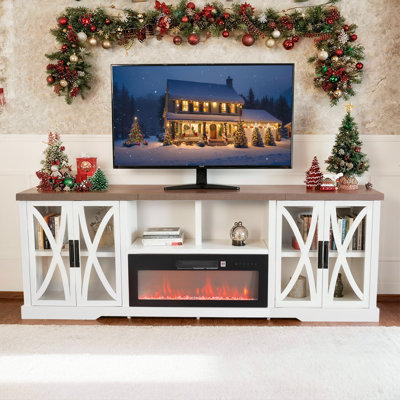 Farmhouse Detachable Fireplace TV Stand, White & Wood, 237x49x83cm, MDF/Glass, Living, Media Room