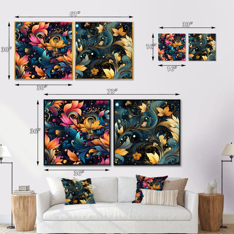 Maghull - Ensemble de 2 collages floraux et botaniques carrés, Cadre flottant doré, H 30 po x l 61 po