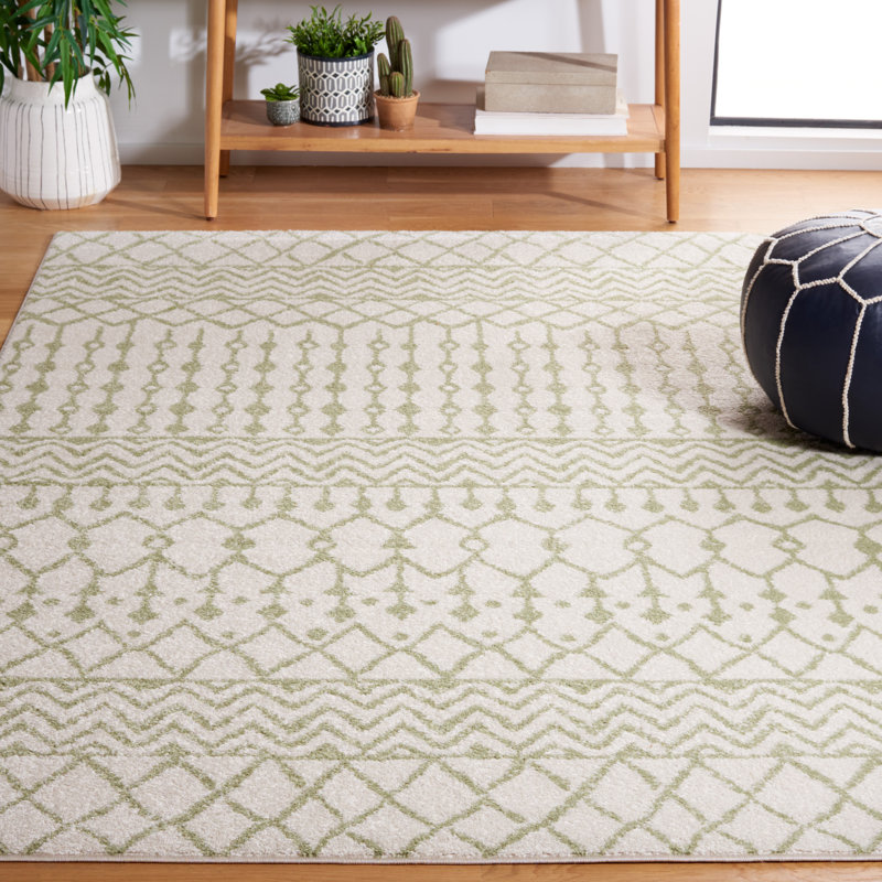 Tapis ivoire / sauge en polypropylène tissé à la machine Lorenco, Rectangle 8 pi x 10 pi