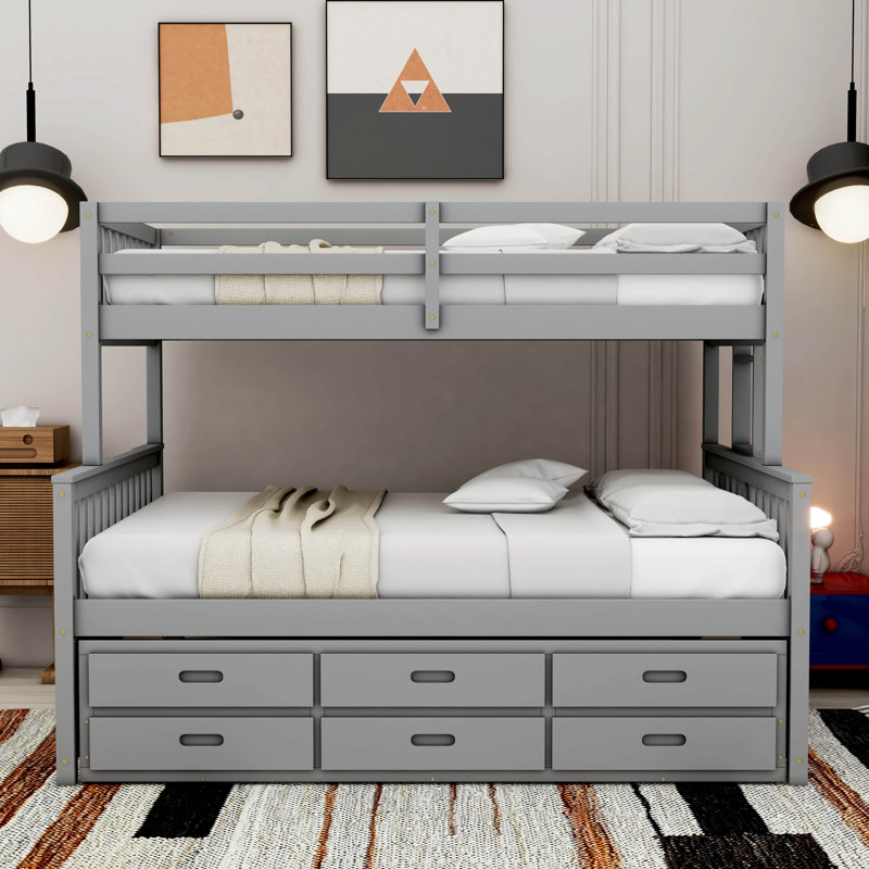 Lit superposé simple au-dessus d'un lit double avec lit gigogne et tiroirs Nilsa Kids, Gris