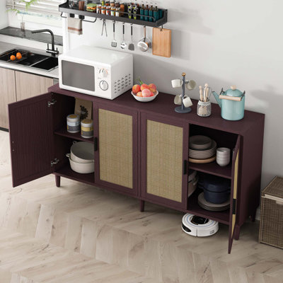 Buffet en rotin avec rangement, buffet à 4 portes avec tablettes réglables pour la cuisine, le salon et la salle à manger, assemblage facile