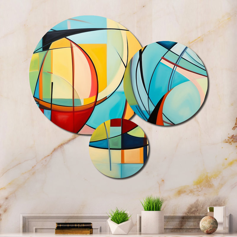 Colorful 0 Mid Century Abstract Essence I - Mid-century Metal Wall Art Prints Set