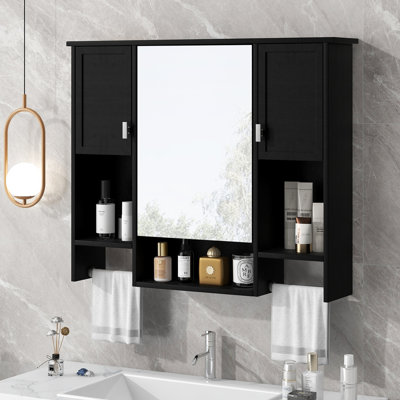 35" Wall Mounted Bathroom Mirror Cabinet With Towel Bar & Adjustable Shelves
