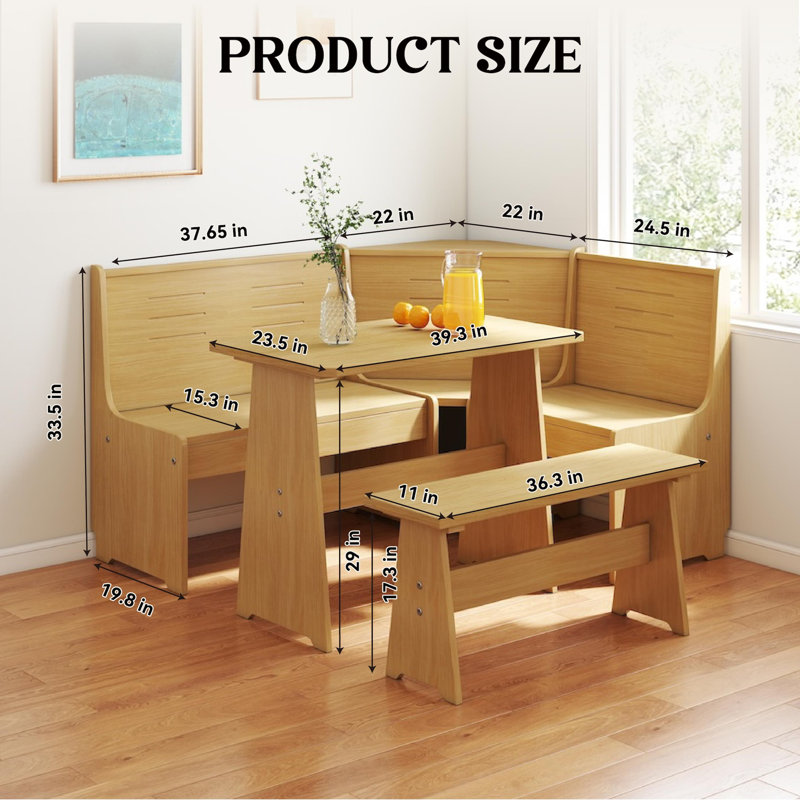 Berna 3-Piece Solid Pine Wood Corner Dining Set with L-Shaped Bench, Space-Saving Breakfast Nook Table Set for Kitchen, Dining Room, Café, Seats Up to 5