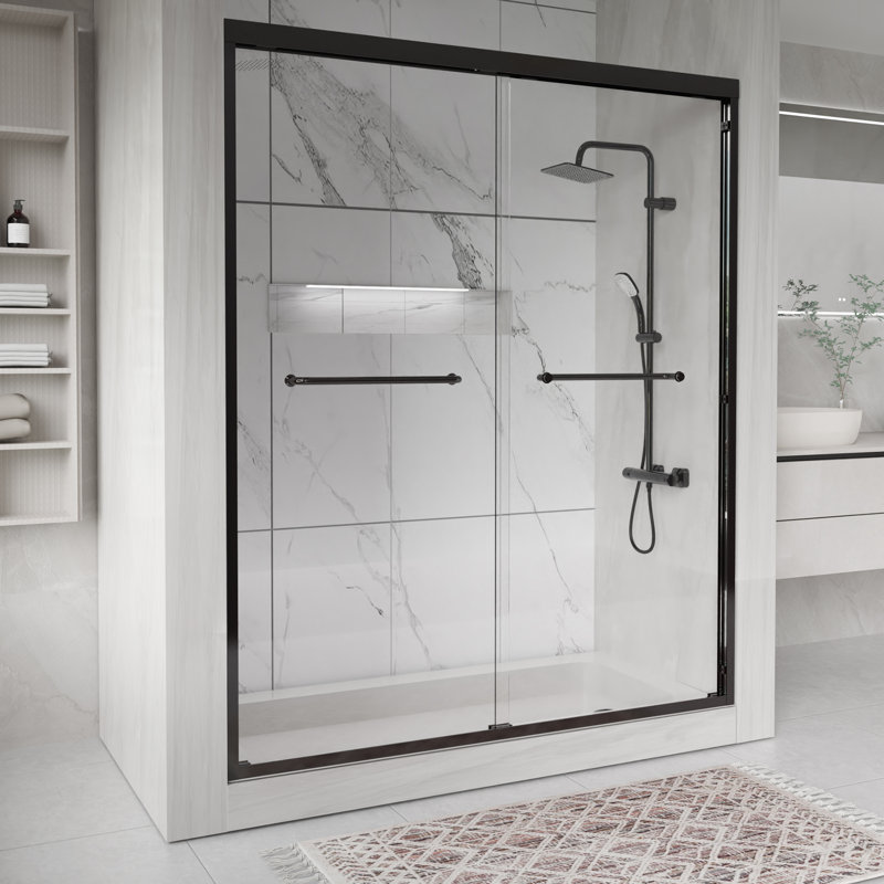 56" - 60" W x 72" H Double Sliding Framed Shower Door with 1/4-in (6mm) Tempered Glass and Quiet Rollers, Black, 56"-60" W