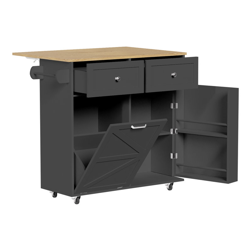Rubab 35.4" Kitchen lsland with Trash Can Cabinet, Locking Wheels, Spice & Tower Rack, Black