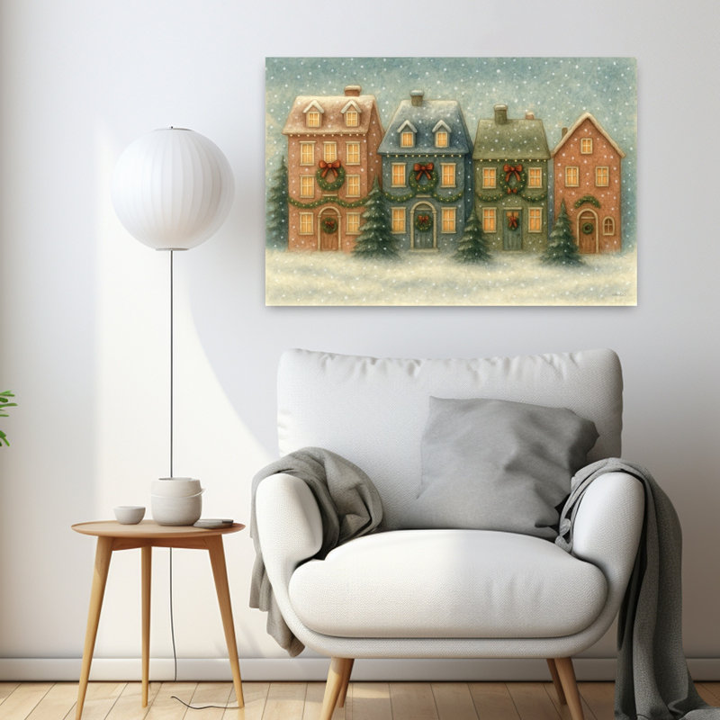 Village de Noël traditionnel, paysage abstrait contemporain, art hivernal, H 24 po x l 36 po