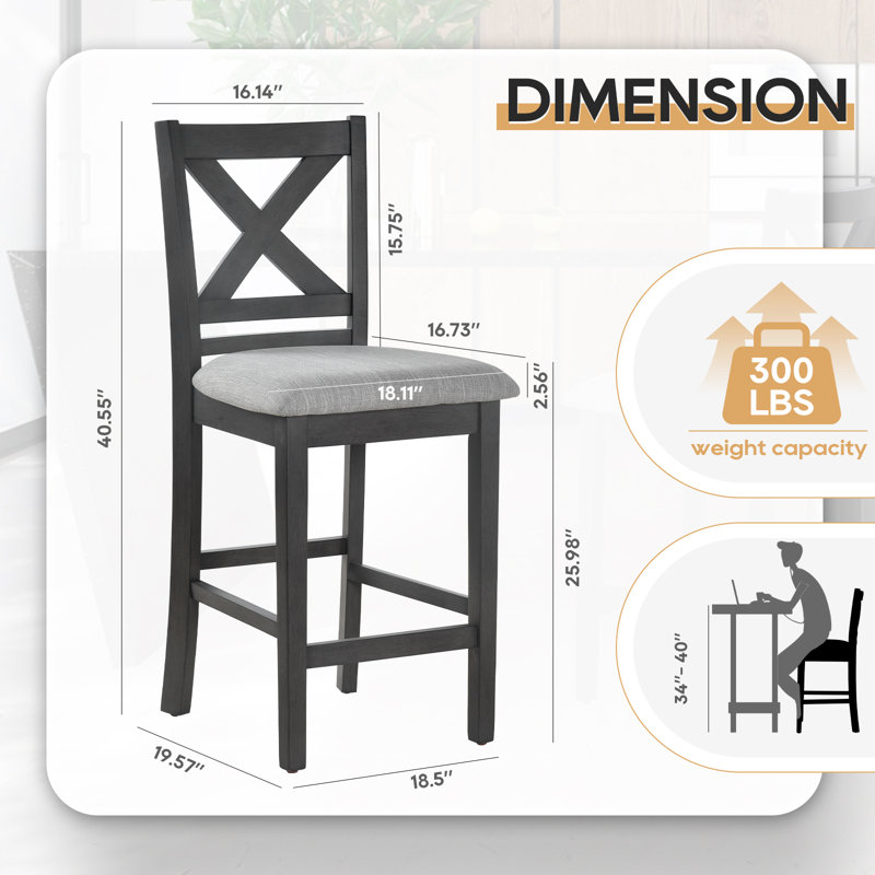 Fabiola 25'' X-Back Solid Wood Fabric Upholstered Bar & Counter Stool with Footrest, Dark Gray
