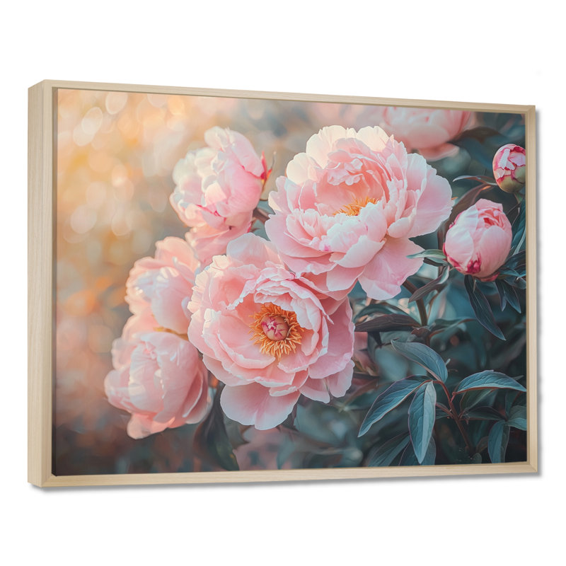 Pivoines par les fermes brise-vent - pivoines, art mural, H 30 po x l 40 po, Cadre flottant, Brun