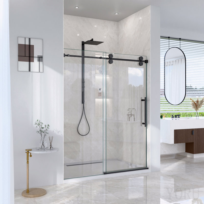 Porte de douche coulissante simple sans cadre de 44 à 48 po de hauteur H 76 po - Verre trempé transparent de 5/16 po (8 mm), conception de dérivation avec finition noir mat