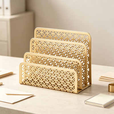 Gold Desk Mail Organizer with Three-Tier Letter Holder, Metal Mail Sorter for Home Office, Powder-Coated Finish