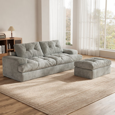 3 Seater Corduroy Sofa & Chaise,L Shaped Sofa with Movable Ottoman, 3-Seater Modular Sectional Sofa, Corduroy Couch, Deep Seat, Ideal for Living Room, Gray
