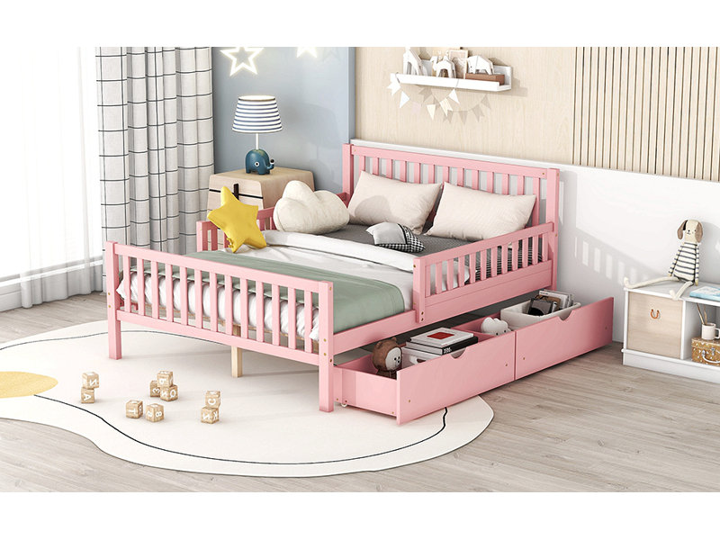 Lit plateforme en bois avec garde-corps des deux côtés et deux tiroirs de rangement, Lit double, Rose