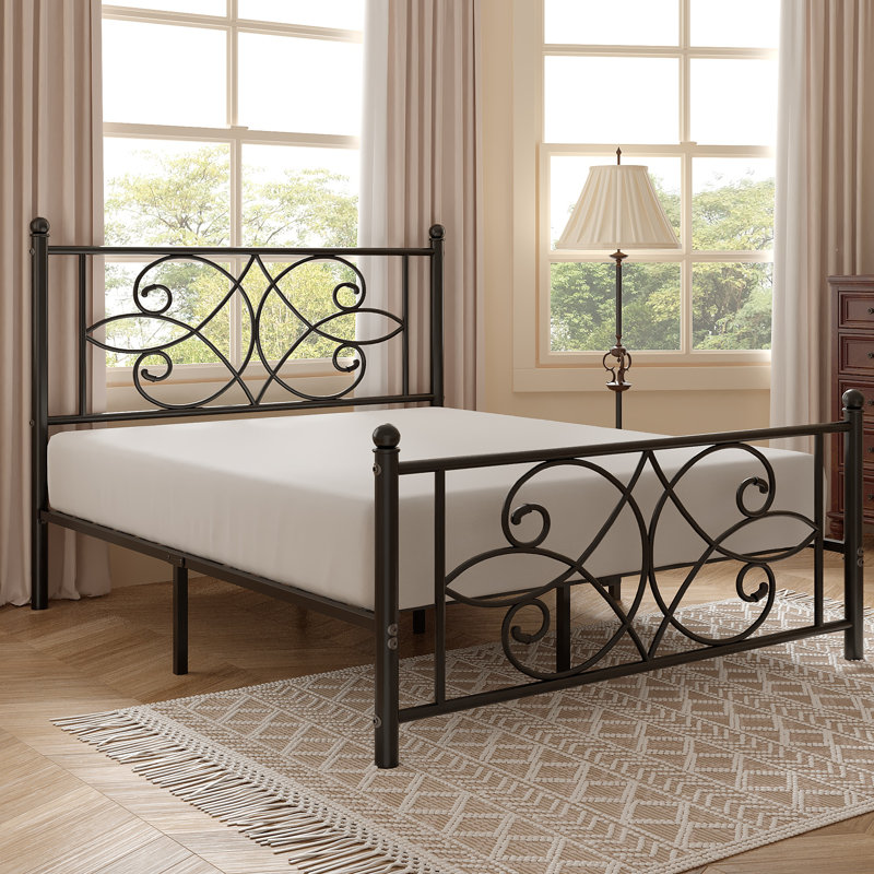Black Full Size Metal Bed Frame with Headboard and Footboard, Victorian Butterfly Platform Bedframes, Heavy Duty Platform Storage Bed, Noise-Free Slatted Base