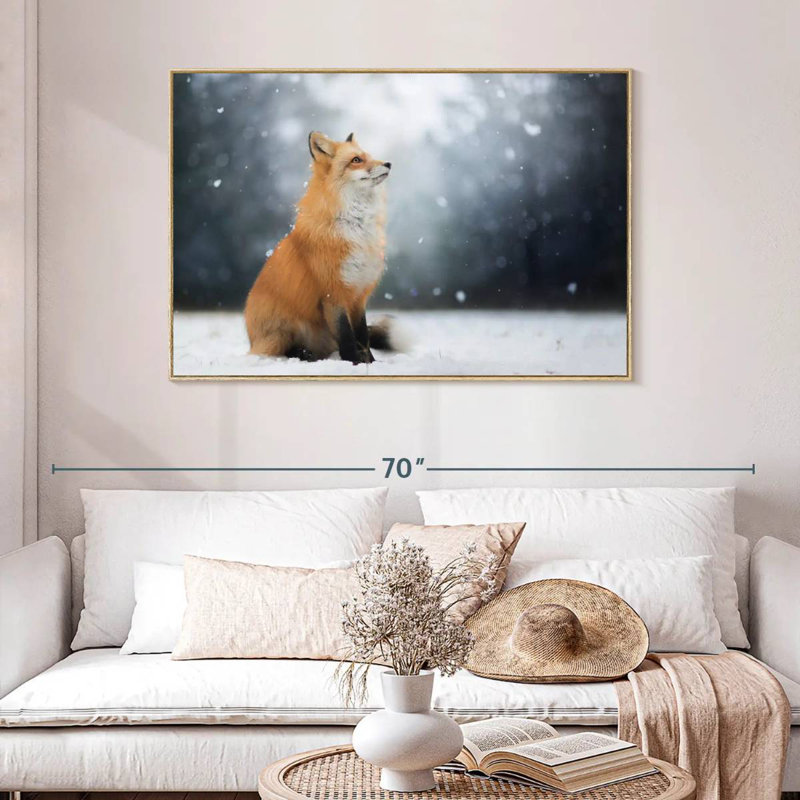 Dreamy Winter Fox, Cadre flottant en bois naturel, 46 po x 31 po