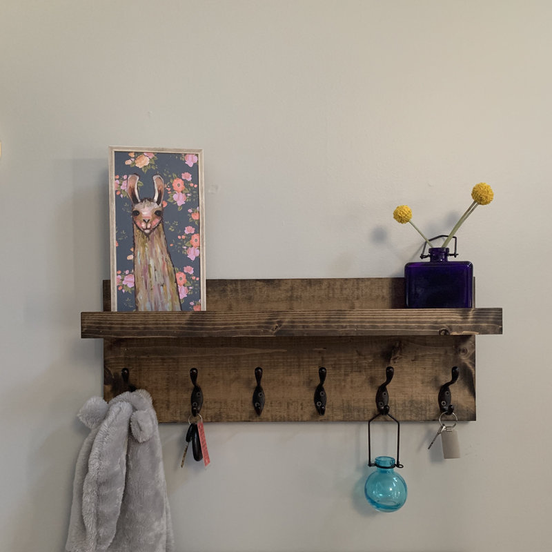 Portemanteau mural en bois massif à 10 crochets avec tablette