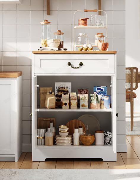 Farmhouse Coffee Bar Cabinet with 2 Doors, Drawer, Adjustable Shelf, Easy Assembly for Kitchen, Dining Room, White
