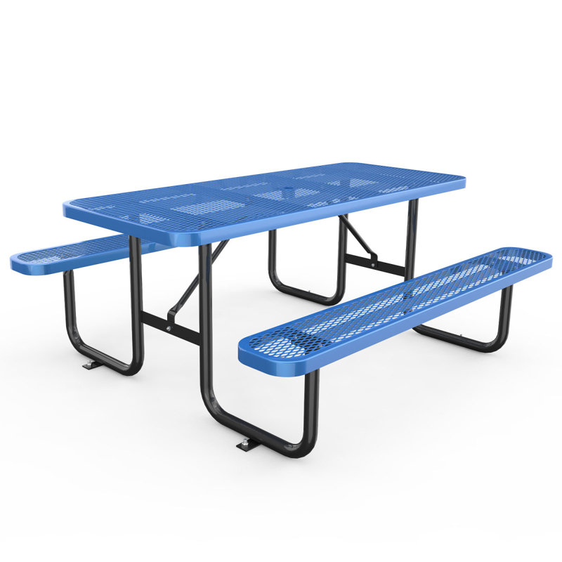 Ensemble de table longue et de chaises bleues avec trou pour parasol 6 pi