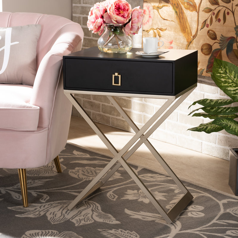Fruitvale Nightstand in Black Finished Wood With Cross Metal Legs, 13.8'' H X 18.9'' W X 26.8'' D, Black/Gold