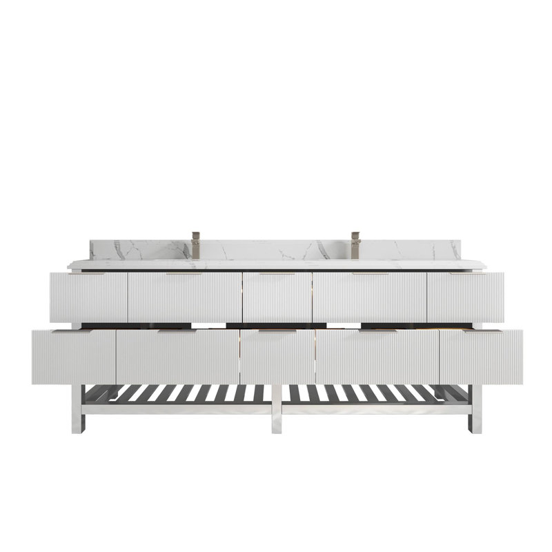 Meuble-lavabo double 84 po avec plateau en quartz Catalina, Calacatta Laza