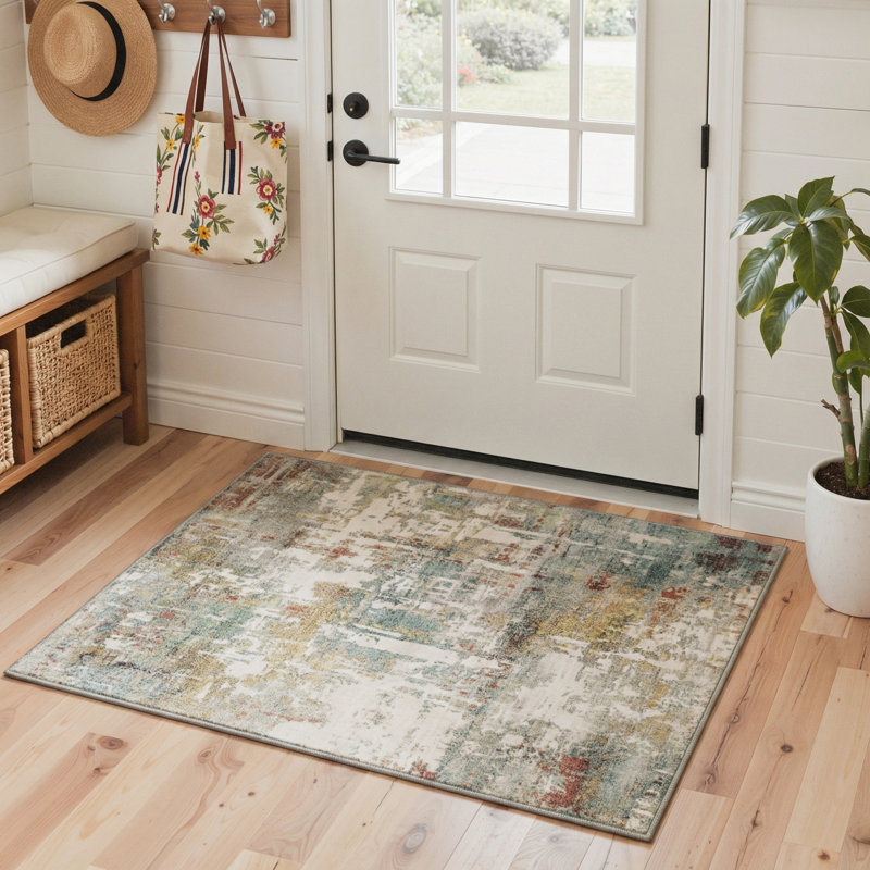 Pavelina Abstract Machine Washable Mosaic / Ivory White Indoor Runner Rug With Non-Slip Backing, Runner 2'6" x 8'