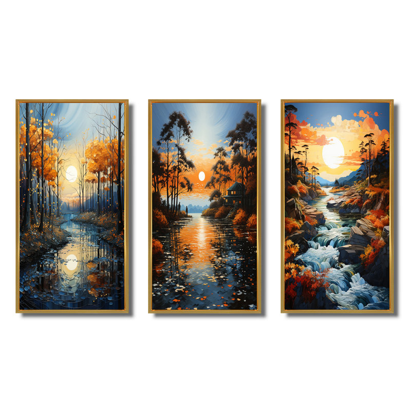 River Azure Bold - ensemble de 3 impressions, Encadrement doré, H 20 po x l 36 po