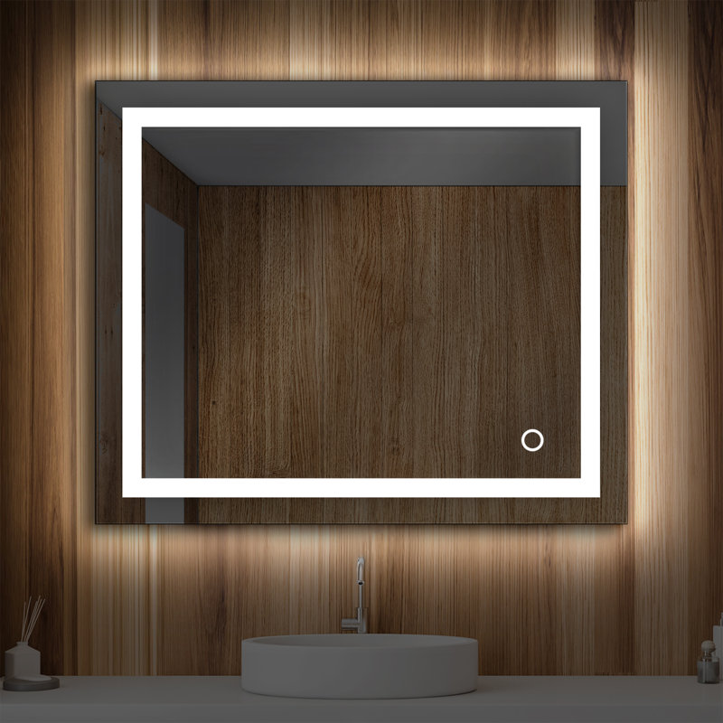 Rectangular Bathroom Vanity Mirror Wall Mounted with LED Lights, Frameless Lighted Bathroom Wall Mirror with Defogger and Dimmable Lighting
