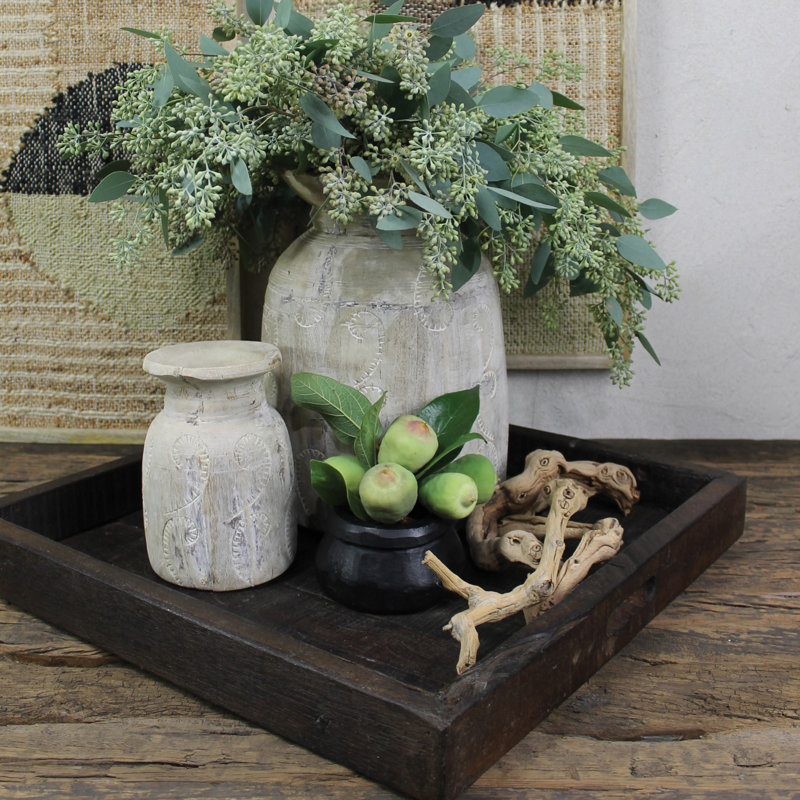 Sculpture de pot de bois tribal Eddystone, Blanc, H 10 po x l 7 po x P 7 po