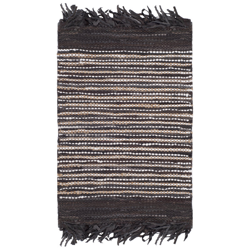 Exley Vintage Leather Hand Woven Leather Cotton/Jute Striped Rug in Dark Brown, Rectangle 3' x 5'