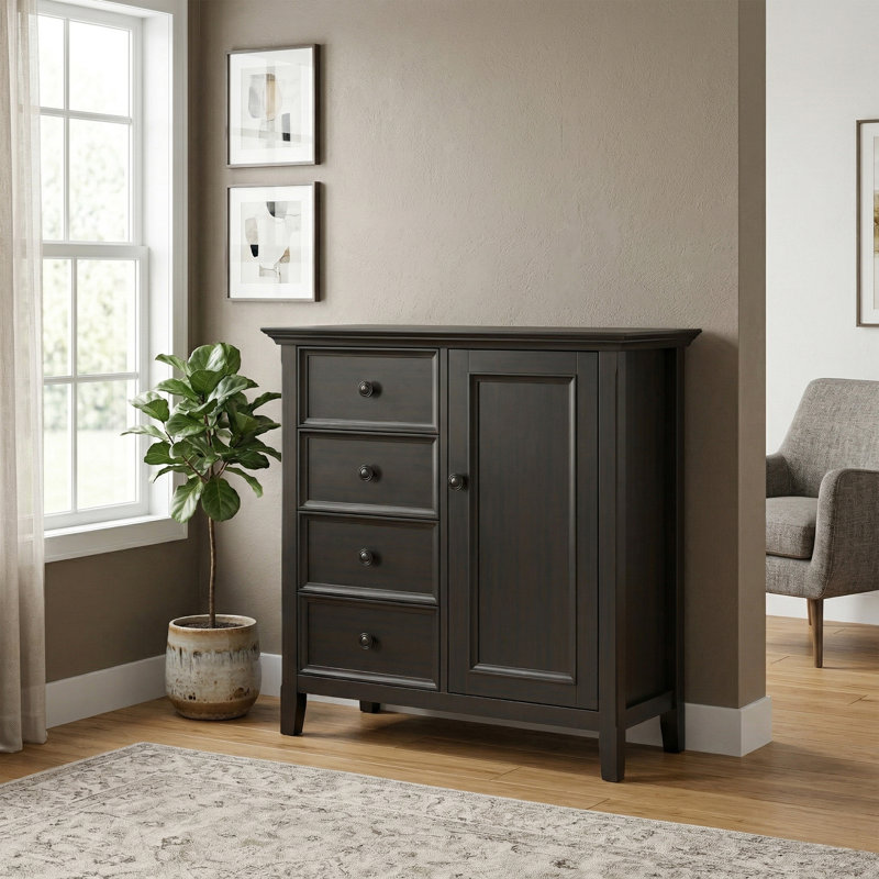 Amherst 32"W Solid Wood 2-Shelf Low Storage Cabinet with Adjustable Shelves and Tapered Legs, Hickory Brown