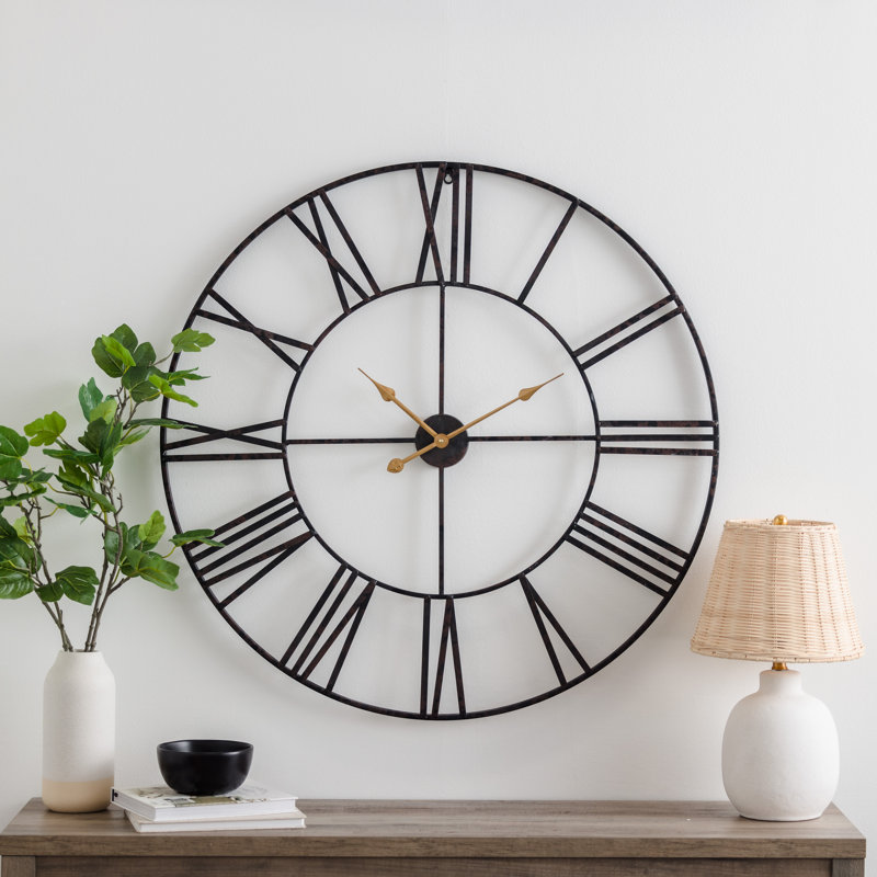 Solange Round Metal Farmhouse Wall Clock, Dark Brown, Large