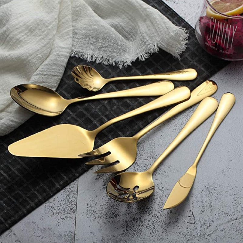 Ensemble de couverts en acier inoxydable plaqué de titane doré 6 pièces, 5 pièces de service de 45 pièces avec 1 plat à gâteau, service de couverts en argent doré (doré brillant)