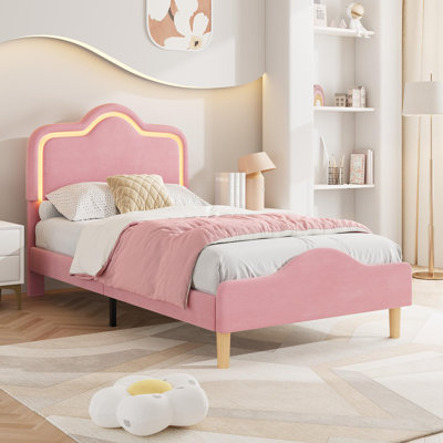 Structure de lit, structure de lit tapissier en velours avec tête de lit à DEL RVB ajustable ondulée, support de lattes en bois sans bruit, peut supporter jusqu'à 800 livres pour les chambres des garçons et des filles