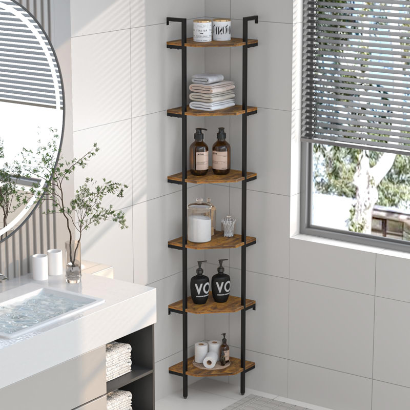 Brown Metal and Wood 6-Tier Corner Ladder Bookcase