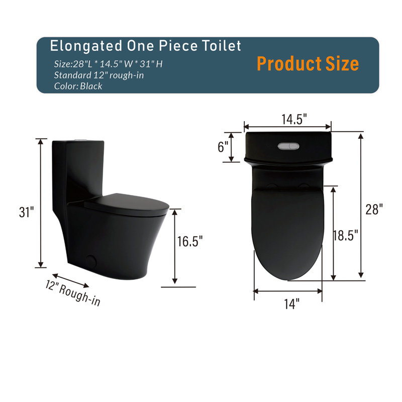 Matte Black Elongated One Piece Toilet Dual Flush 1.1/1.6 GPF Water Saving Map 1000g,Matte Black, Matte Black