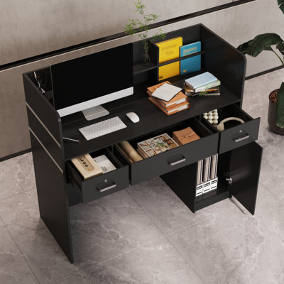 120cm Black Reception Desk with Lockable Drawer & Storage Cupboard for Salon or Office