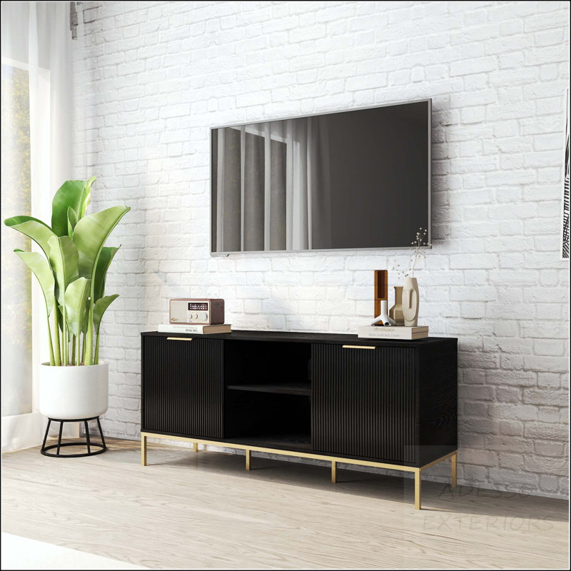 Modern TV Stand with Wave-Design Doors and Gold Legs, Black