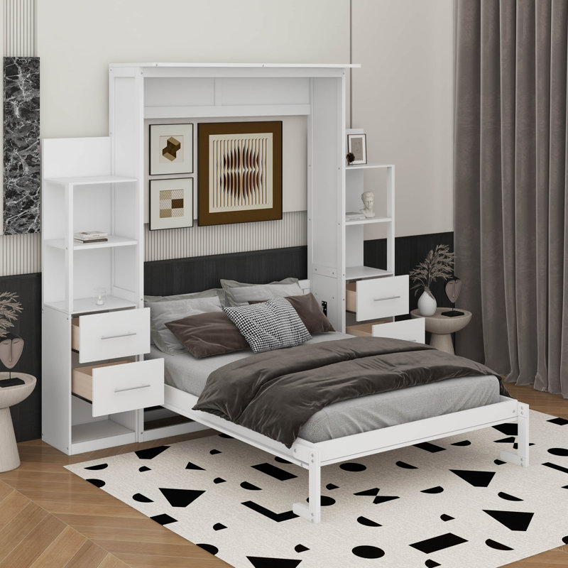 Lit escamotable double avec tablettes, tiroirs et DEL, Full, Blanc