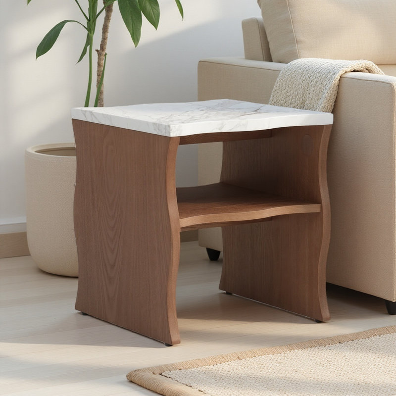 Table de bout 17 po avec plateau en marbre et tablette de rangement Farmhouse, Noyer, 1