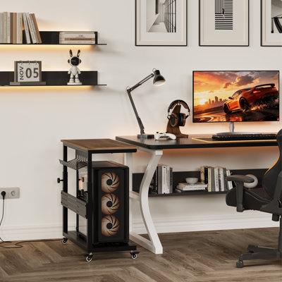 Adjustable 2-Tier Mobile Computer Tower Stand with 11 Height Levels & Cable Storage – Rolling CPU Holder Cart for Office, Home, or Gaming – Fits Under Desk, Walnut Color - Four Parts