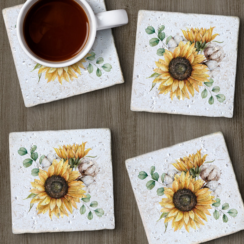 Ensemble de 4 sous-verres en tournesol naturel avec support en liège