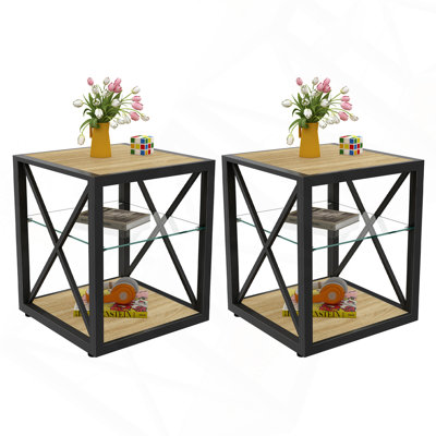 Ensemble de 2 tables de chevet modernes pour chambre à coucher et salon, plateau en panneau de fibres à densité moyenne en bois trempé et bois naturel, table d'appoint de style industriel
