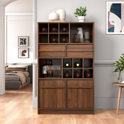 Armoire à vin moderne en noyer, buffet avec support à vin pour 12 bouteilles et 2 tiroirs, grande armoire à boissons avec rangement pour la salle à manger, la cuisine et le salon